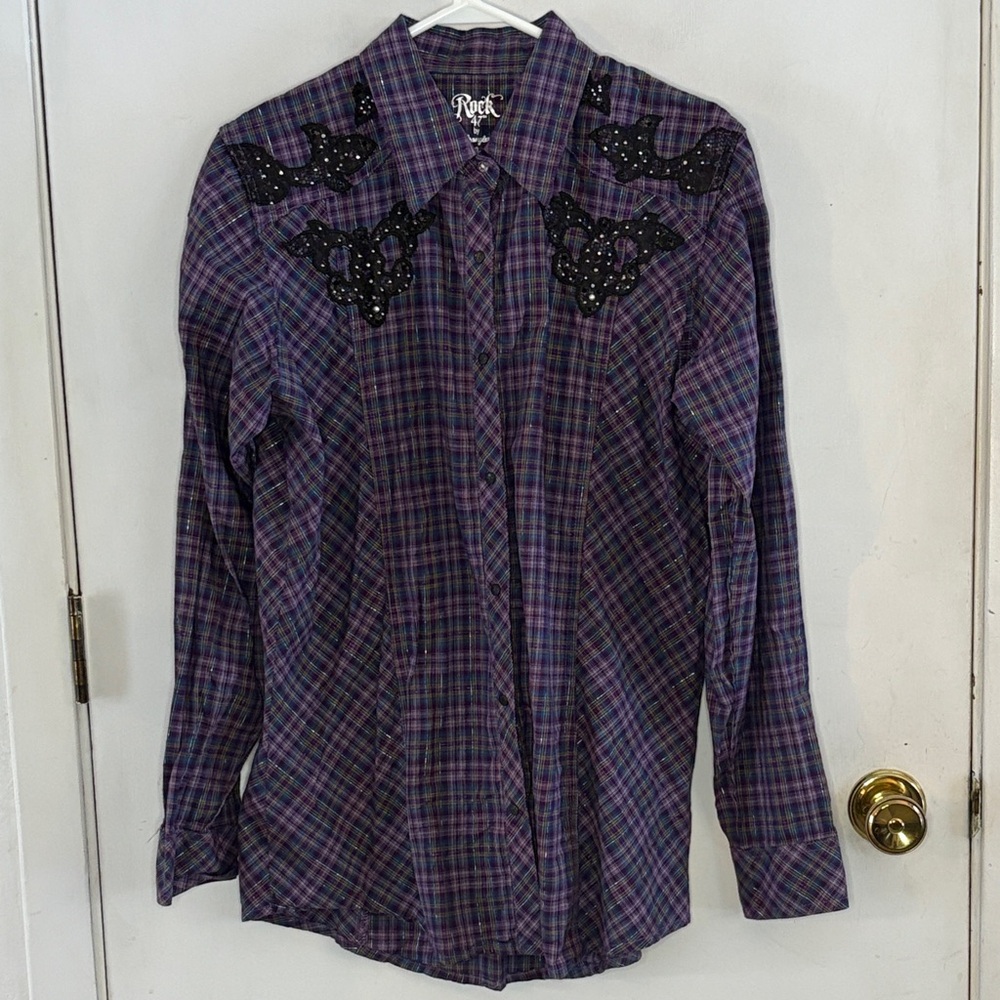 Wrangler Rock 47 purple blue plaid metallic long sleeve western shirt Size XL